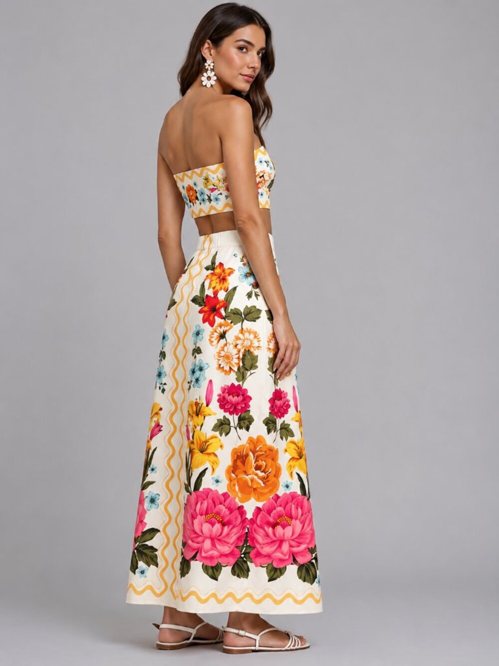 Women’s Boho Floral Strapless Crop Top & Maxi Skirt 2 Piece Vacation Set - Picture 4 of 6